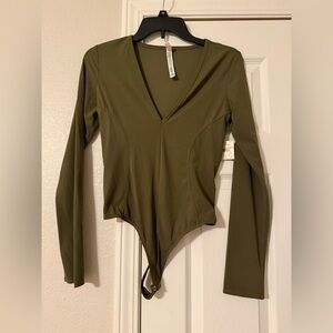 Free People Olive Green Deep V Long Sleeve Bodysuit